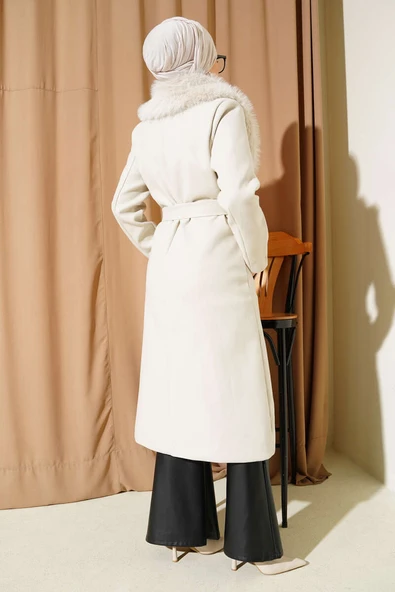 Yaka Kürk Detaylı Kaşe Kaban Bej - Resim 3