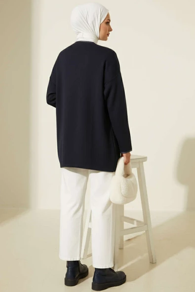 Deri Biyeli Fitilli Görünümlü Kimono Lacivert - Resim 3