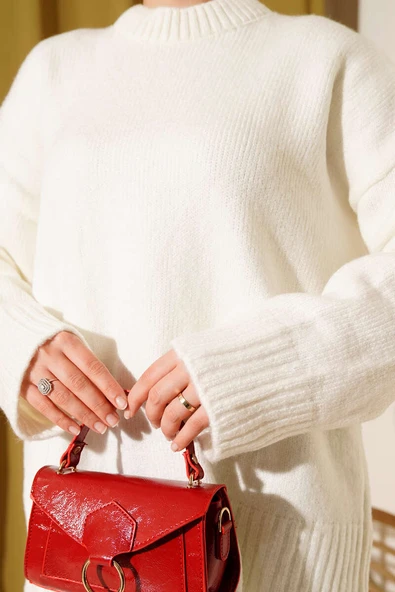 Basic Oversize Triko Tunik Ekru - Resim 4