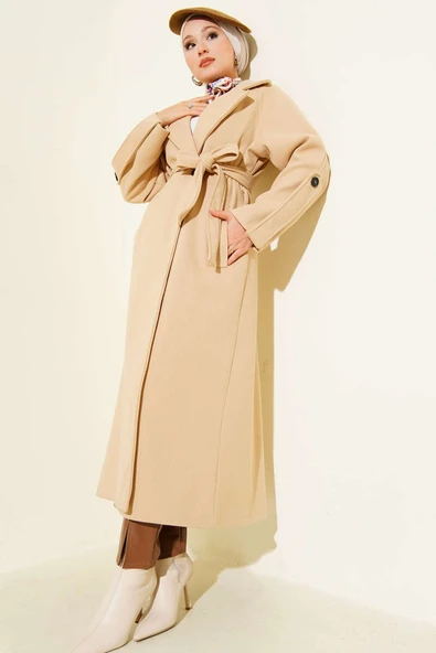 Fitilli Kuşaklı Kaşe Kaban Bej ürün görseli 1