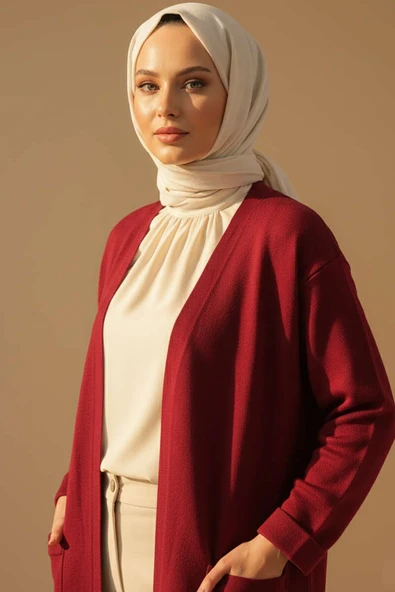 Basic Çift Cepli Uzun Triko Hırka Bordo - Resim 2