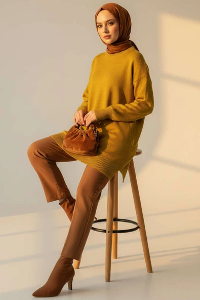 Yan Yırtmaçlı Yumoş Uzun Triko Tunik Yağ Yeşili - Resim 2