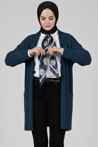 Şal Yaka Pirinç Örgü Triko Hırka Petrol ürün görseli