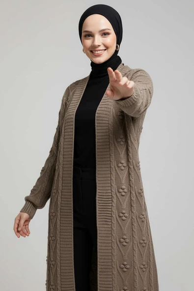 Örgü Kabartma Desenli Uzun Triko Hırka Vizon ürün görseli