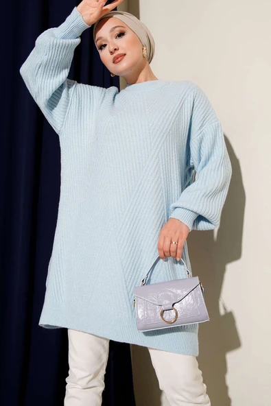 Asimetrik Kabartma Çizgili Triko Tunik Bebe Mavi ürün görseli 1