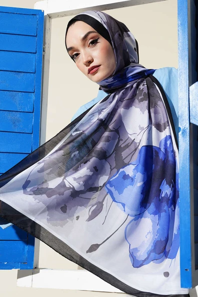 Ebruli Çiçek Desen Soft Şal Mavi Siyah ürün görseli 1