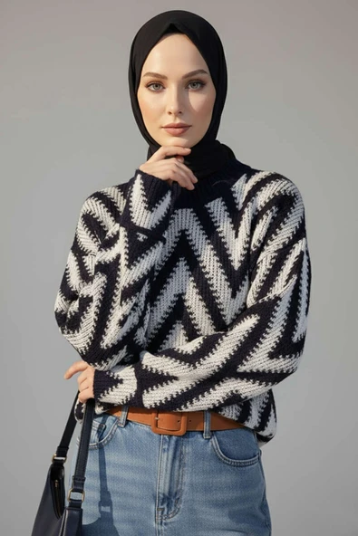 Zigzag Desen Triko Kazak Lacivert ürün görseli 1