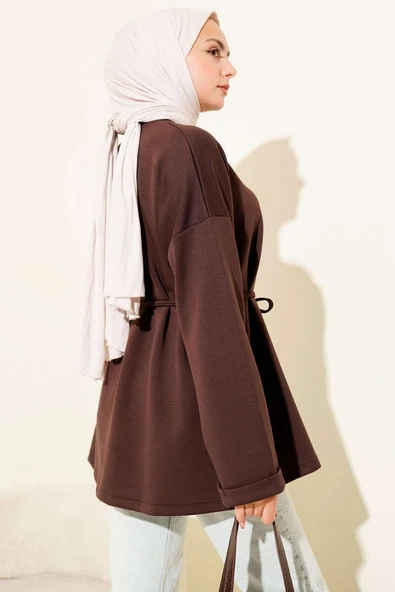 Bisiklet Yaka İp Kuşaklı Tunik Kahve - Resim 3