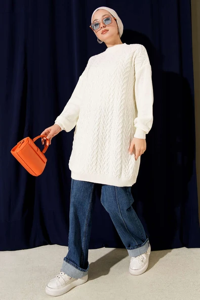 Zigzag Örgü Triko Tunik Ekru - Resim 2