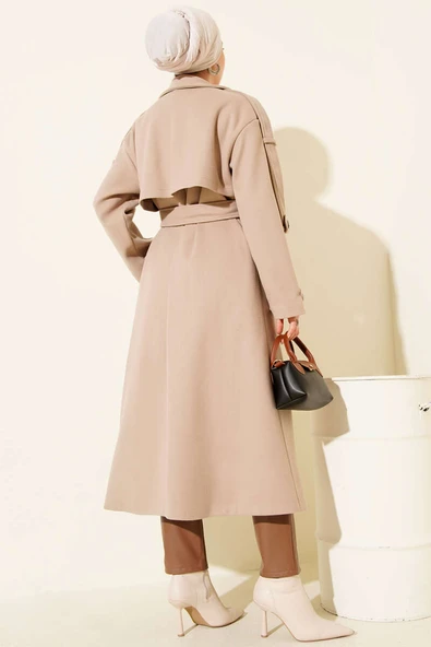 Kuşaklı Düğme Detaylı Kaşe Kaban Bej - Resim 3