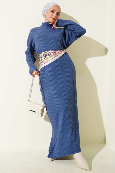 Dik Yaka Fitilli Triko Elbise İndigo ürün görseli 1