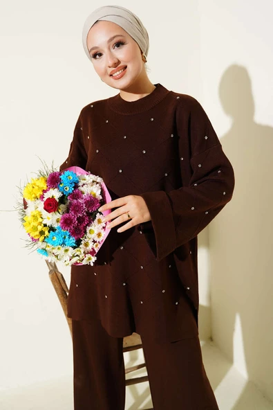 Taşlı Baklava Desen Triko İkili Takım Kahve - Resim 2