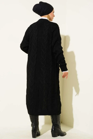 Cepli Örgü Desenli Uzun Hırka Siyah - Resim 3