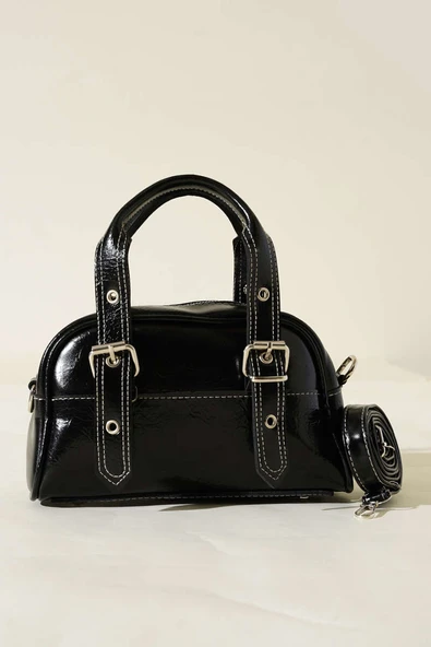 Çift Kemer Tokalı Rugan Çanta Siyah - Resim 2