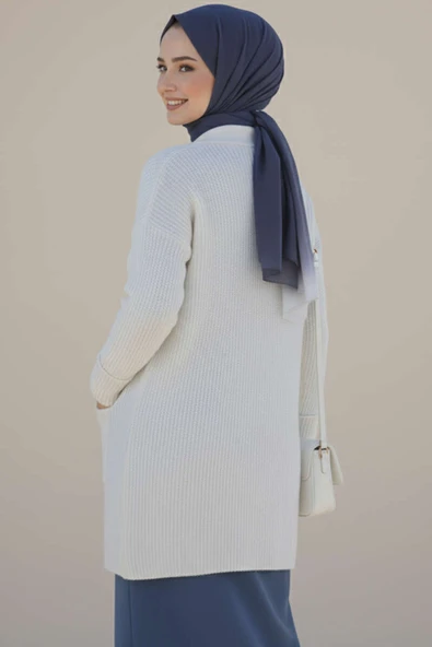 Şal Yaka Pirinç Örgü Triko Hırka Ekru - Resim 3