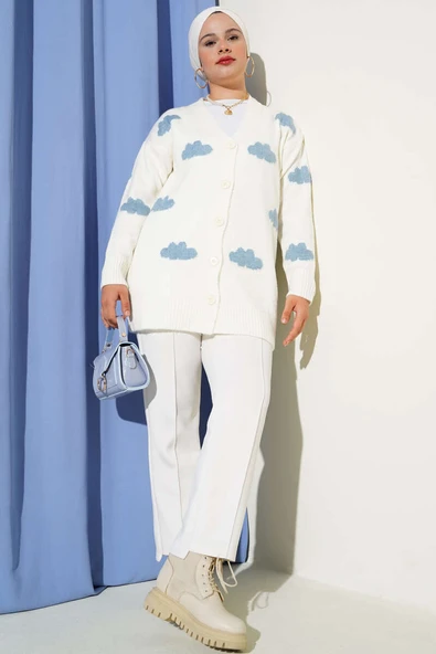 Bulut Desenli Düğmeli Triko Hırka Ekru - Resim 2