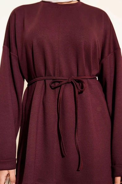 Bisiklet Yaka İp Kuşaklı Tunik Bordo - Resim 4