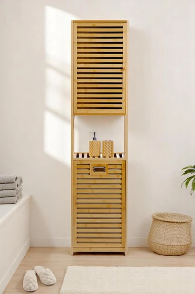 Digithome Bambu Kirli Sepetli 1 Raflı Kapaklı Banyo Dolabı Banyo Düzenleyici Çamaşır Sepeti Organizer DB-0010 ürün görseli