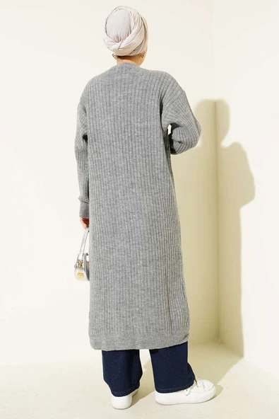 Salaş Fitilli Uzun Hırka Gri - Resim 3