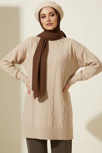 Örgü Kabartmalı Yumoş Triko Tunik Latte ürün görseli