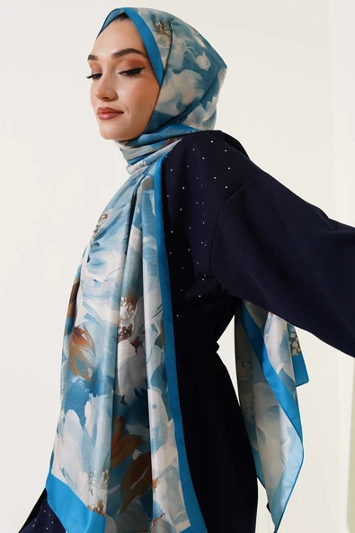 Çiçek Desen Twill Şal Mavi ürün görseli 1