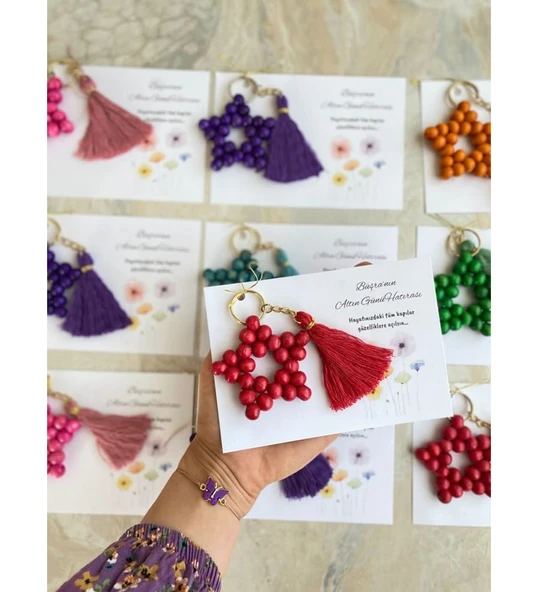 tahta Boncuk püsküllü Yıldız Anahtarlık Düğün Nişan Kına Hediyelik Sünnet Günü Özel (35 adet) ürün görseli