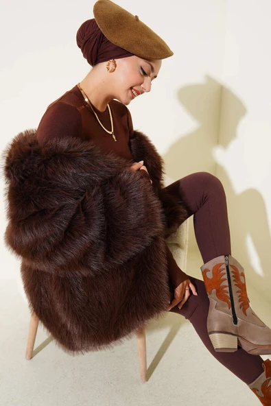 Düğmesiz Astarlı Kürk Kahve ürün görseli 1