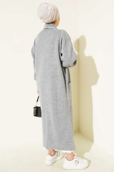 Kol Ucu Düğmeli Şal Yaka Triko Hırka Gri - Resim 3