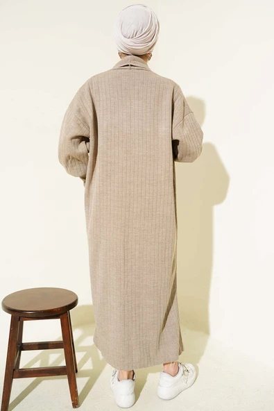 Kol Ucu Düğmeli Şal Yaka Triko Hırka Vizon - Resim 3