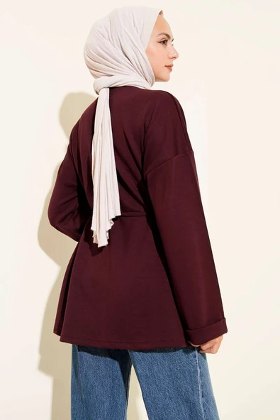 Bisiklet Yaka İp Kuşaklı Tunik Bordo - Resim 3