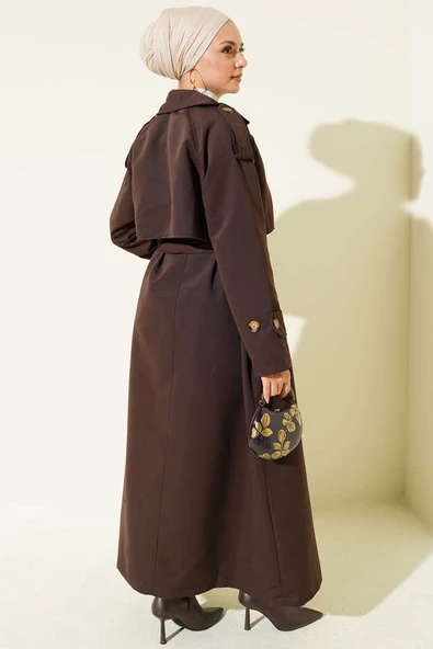 Kruvaze Pelerinli Kuşaklı Trençkot Kahve - Resim 3