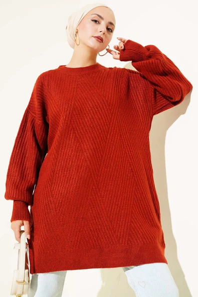 Asimetrik Kabartma Çizgili Triko Tunik Kiremit ürün görseli