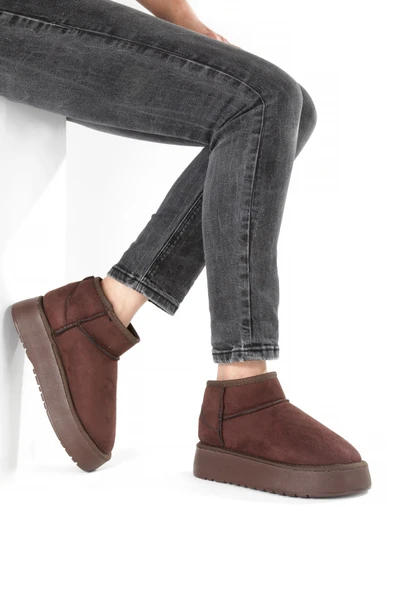 Kahve Süet Kalın Taban İçi Yünlü Kürklü Kadın Bot FON44 - Resim 4