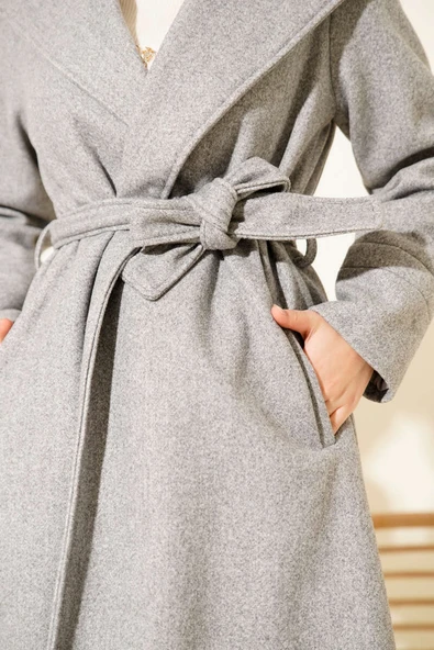 Kapüşonlu Kuşak Detaylı Kaşe Kaban Gri - Resim 4
