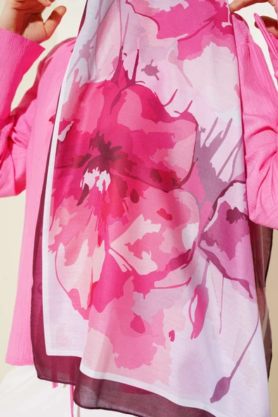 Ebruli Çiçek Desen Soft Şal Mürdüm - Resim 4