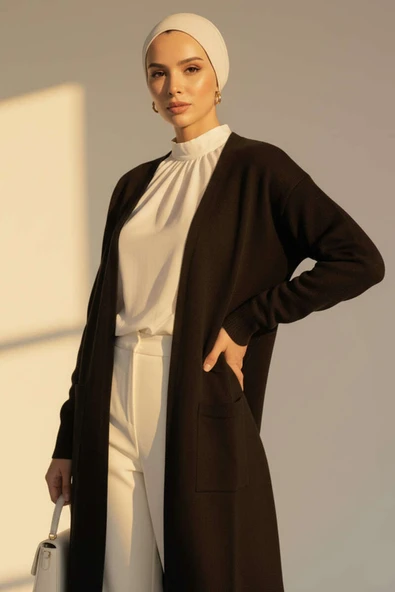 Basic Çift Cepli Uzun Triko Hırka Siyah - Resim 2