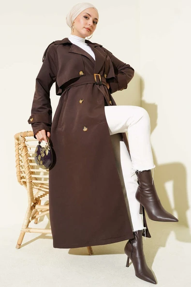 Kruvaze Pelerinli Kuşaklı Trençkot Kahve ürün görseli 1