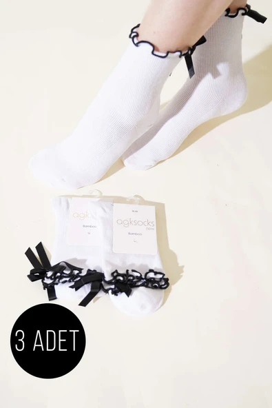Bayan 3lü Kurdeleli Soket Çorap Beyaz ürün görseli 1