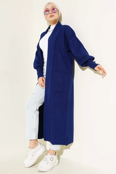 Kol Ucu Düğmeli Şal Yaka Triko Hırka Lacivert ürün görseli 1