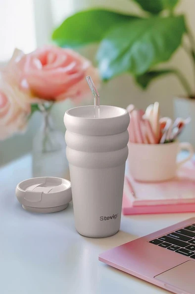 Stevig 3 Bubble Two-Cap Straw Tumbler Çelik Termos 600 ML Crushed Rock ST-244 - Resim 5