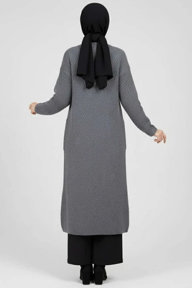 Geniş Cepli Uzun Triko Hırka Füme - Resim 3