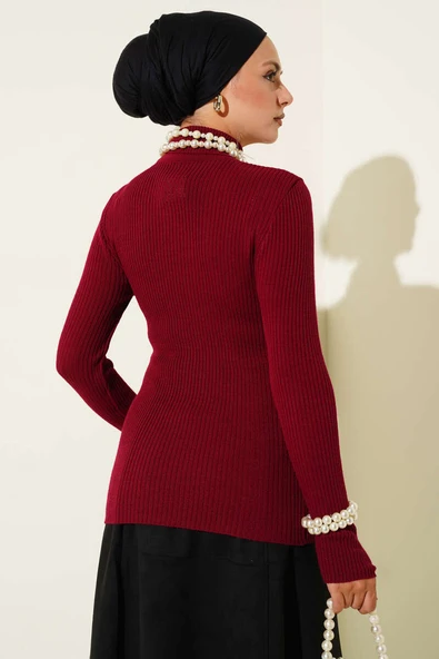 Balıkçı Yaka Parmak Geçirmeli Triko Kazak Bordo - Resim 3