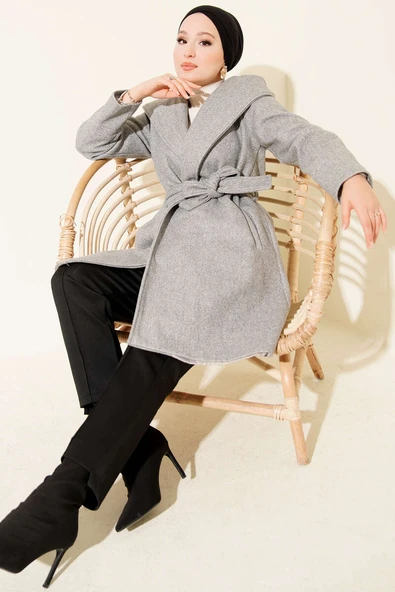 Kapüşonlu Kuşak Detaylı Kaşe Kaban Gri ürün görseli 1