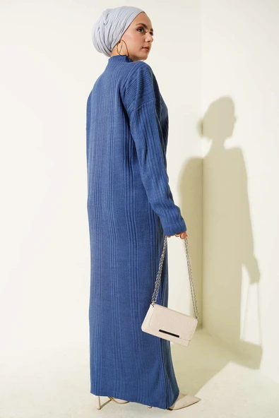 Dik Yaka Fitilli Triko Elbise İndigo - Resim 3