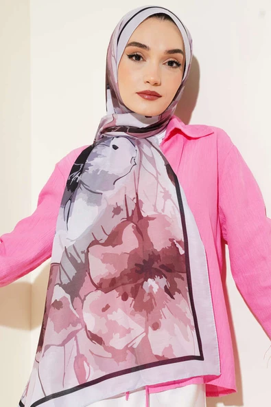 Ebruli Çiçek Desen Soft Şal Gri - Resim 2