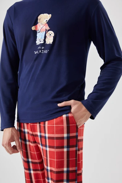 Erkek Yumuşak Dokulu Ayıcık Baskılı Ekose Desenli Pijama Takımı - Resim 5
