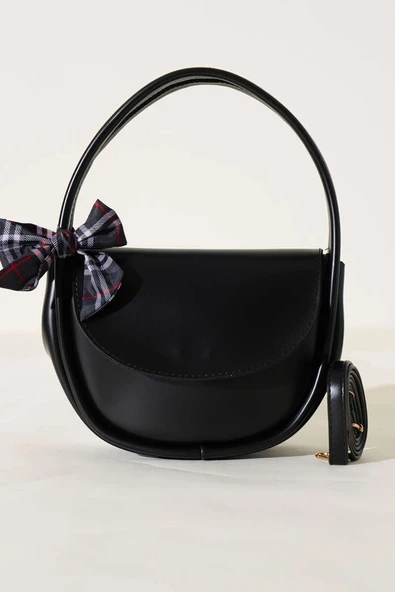 Fularlı Mıknatıslı Oval Çanta Siyah - Resim 2