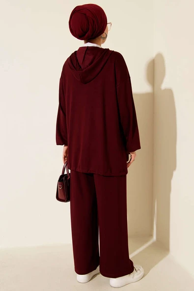 Loyşa Fermuarlı Cepli Kapüşonlu İkili Takım Bordo - Resim 3