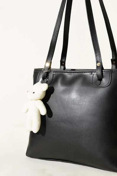 İnce Kulplu Ayıcık Aksesuarlı Çanta Siyah Siyah - Resim 3