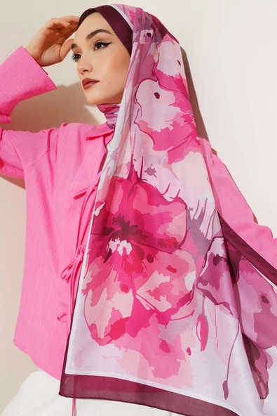 Ebruli Çiçek Desen Soft Şal Mürdüm ürün görseli 1